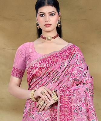 pink cottan silk blend with meena woven work traditional saree 2