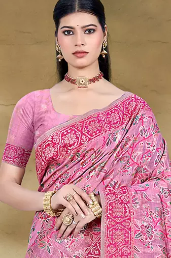 pink cottan silk blend with meena woven work traditional saree