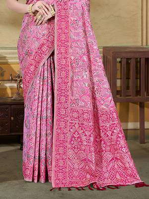 pink cottan silk blend with meena woven work traditional saree 3