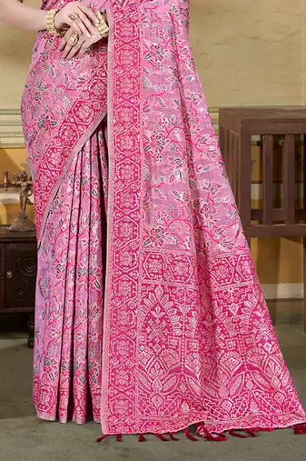 pink cottan silk blend with meena woven work traditional saree