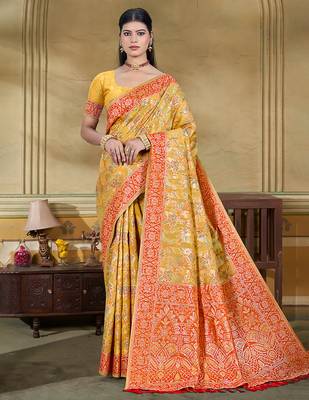 musturd cottan silk blend with meena woven work traditional saree 1