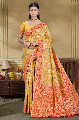 musturd cottan silk blend with meena woven work traditional saree