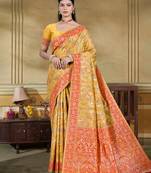 musturd cottan silk blend with meena woven work traditional saree