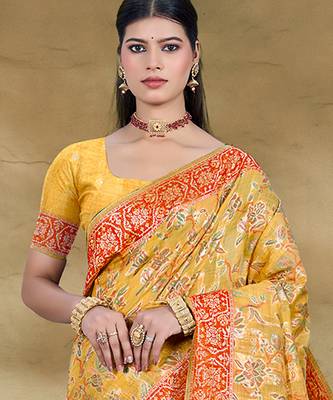 musturd cottan silk blend with meena woven work traditional saree 2