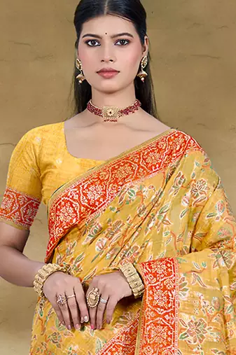 musturd cottan silk blend with meena woven work traditional saree