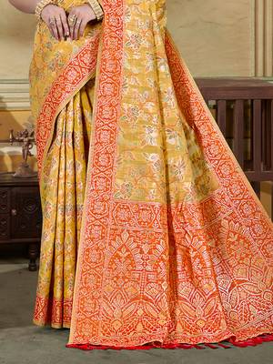 musturd cottan silk blend with meena woven work traditional saree 3