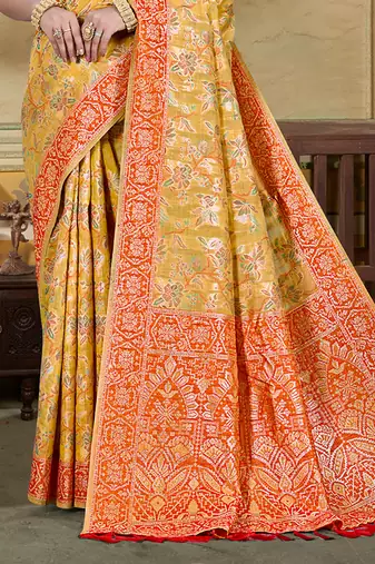 musturd cottan silk blend with meena woven work traditional saree