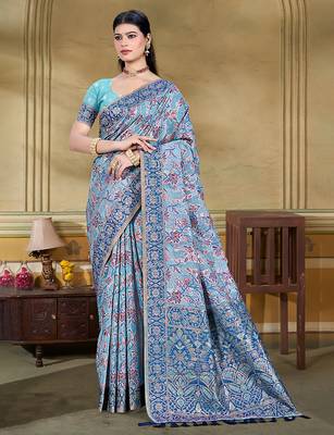 light blue cottan silk blend with meena woven work traditional saree 1