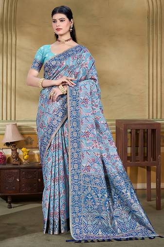 light blue cottan silk blend with meena woven work traditional saree