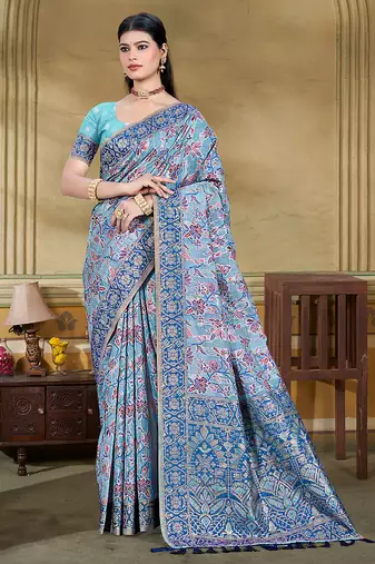light blue cottan silk blend with meena woven work traditional saree