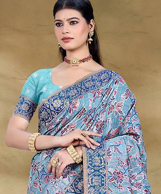 light blue cottan silk blend with meena woven work traditional saree 2