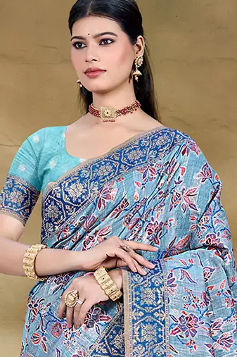 light blue cottan silk blend with meena woven work traditional saree