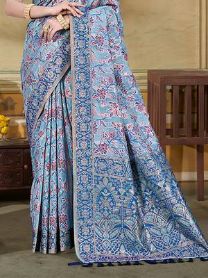 light blue cottan silk blend with meena woven work traditional saree 3