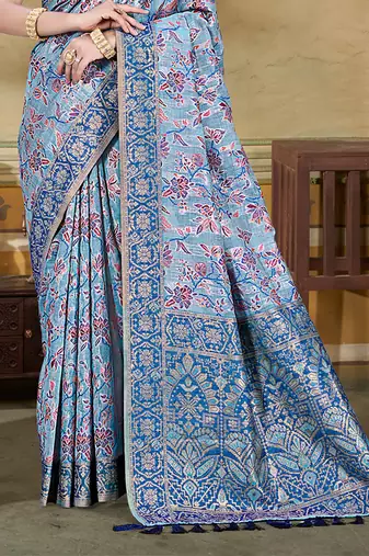 light blue cottan silk blend with meena woven work traditional saree
