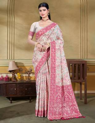 cream cottan silk blend with meena woven work traditional saree 1