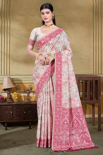 cream cottan silk blend with meena woven work traditional saree