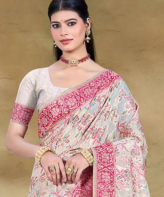 cream cottan silk blend with meena woven work traditional saree 2