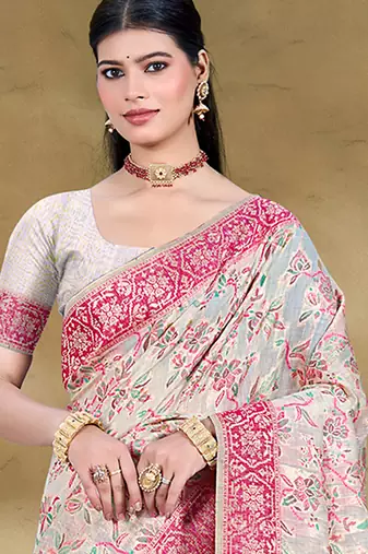 cream cottan silk blend with meena woven work traditional saree