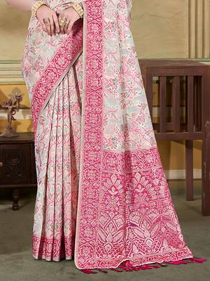 cream cottan silk blend with meena woven work traditional saree 3