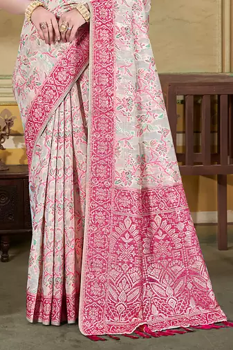 cream cottan silk blend with meena woven work traditional saree