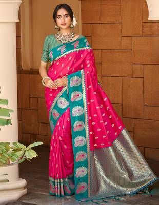 dark pink silk blend woven work traditional saree 1