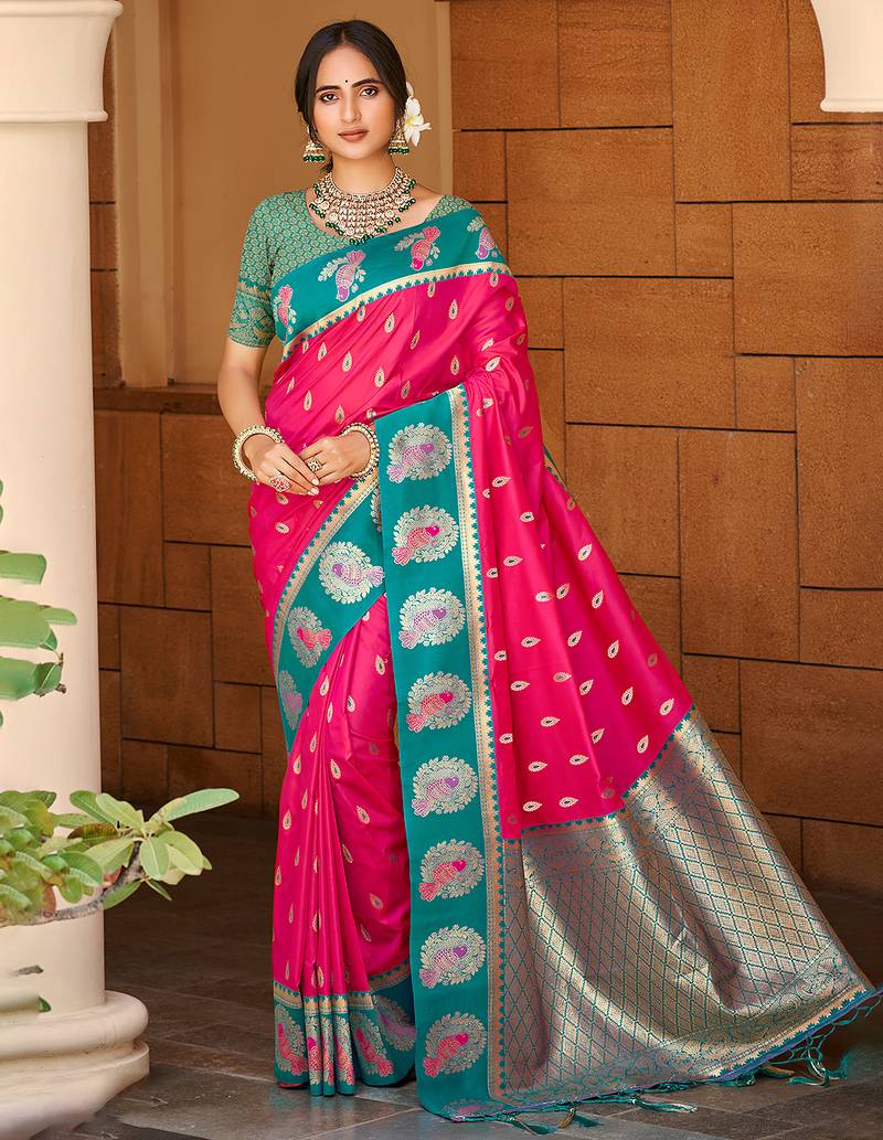 dark pink silk blend woven work traditional saree