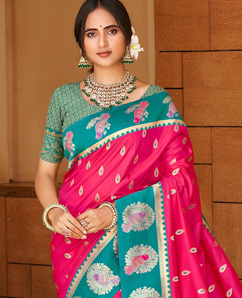 dark pink silk blend woven work traditional saree