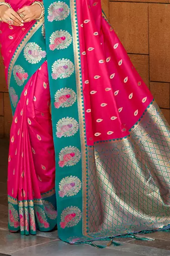 dark pink silk blend woven work traditional saree