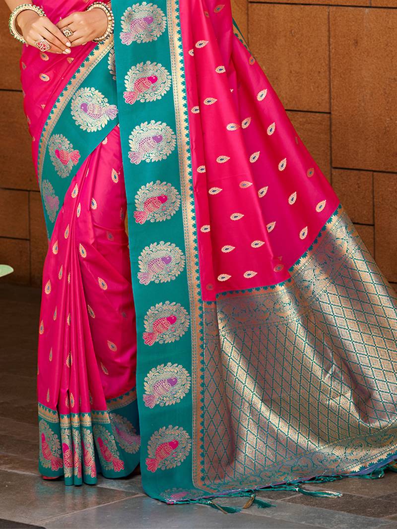 dark pink silk blend woven work traditional saree