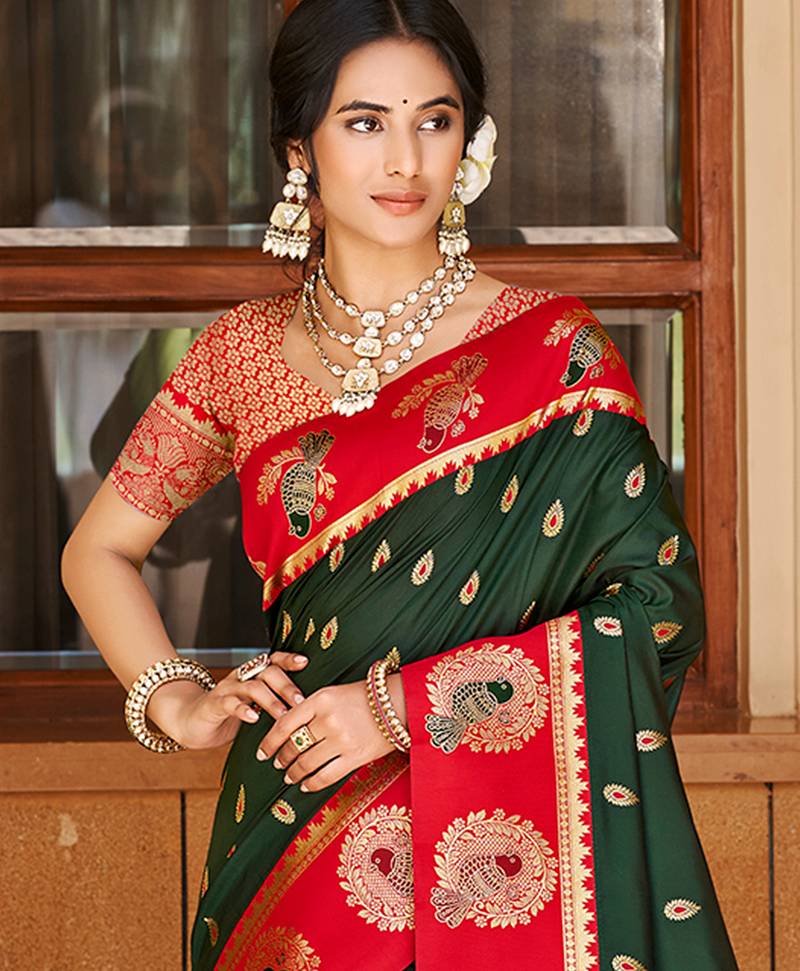 dark green   silk blend woven work traditional saree