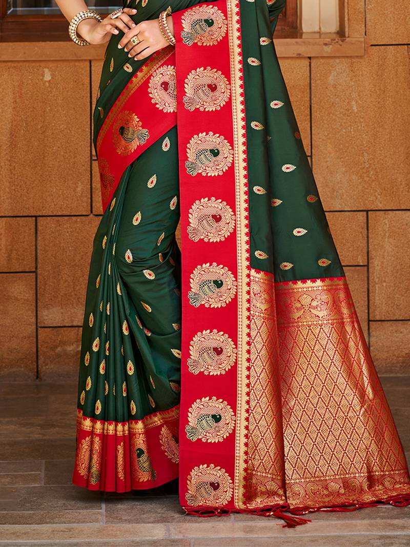 dark green   silk blend woven work traditional saree