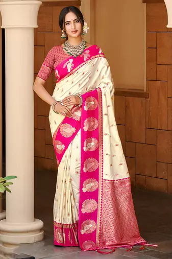 beige silk blend woven work traditional saree