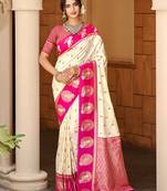 beige silk blend woven work traditional saree
