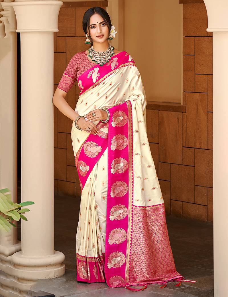 beige silk blend woven work traditional saree