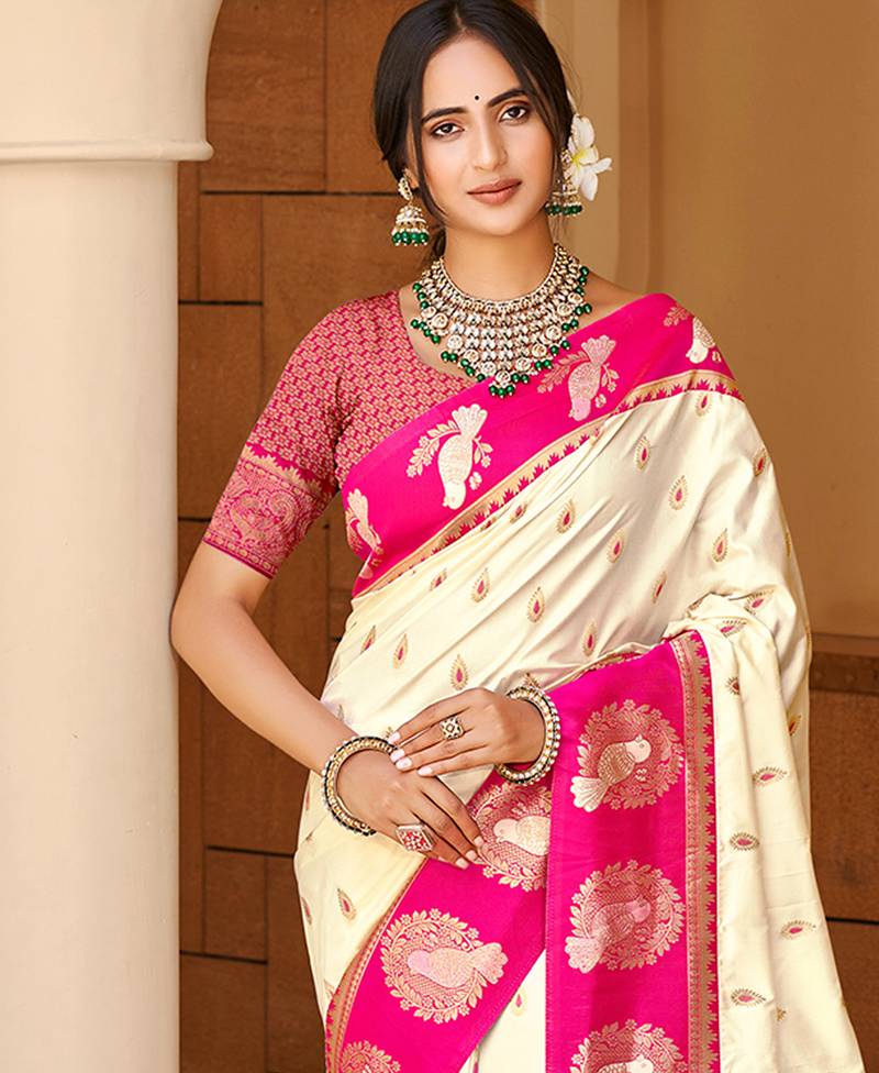beige silk blend woven work traditional saree
