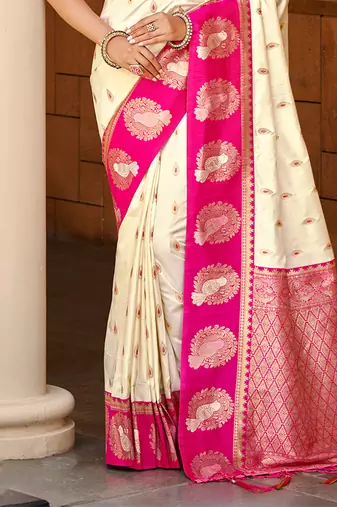 beige silk blend woven work traditional saree