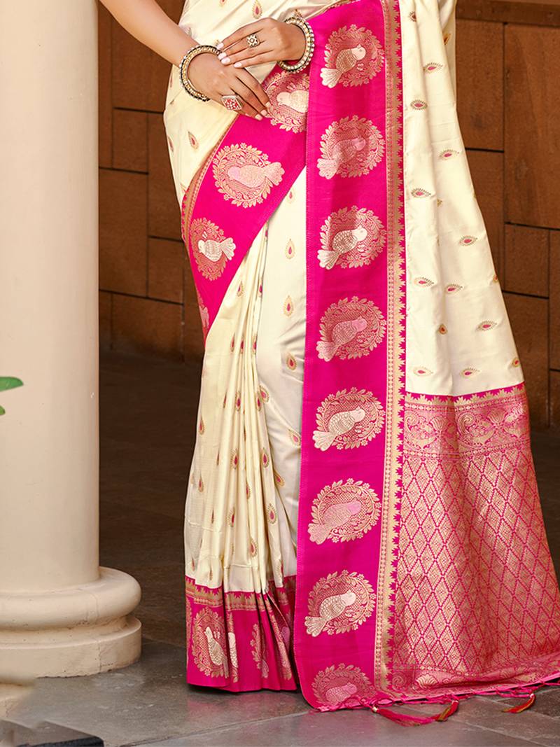 beige silk blend woven work traditional saree