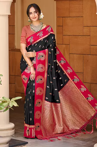 black silk blend woven work traditional saree
