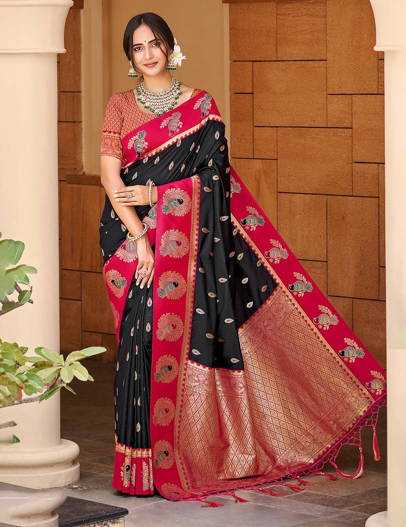 black silk blend woven work traditional saree