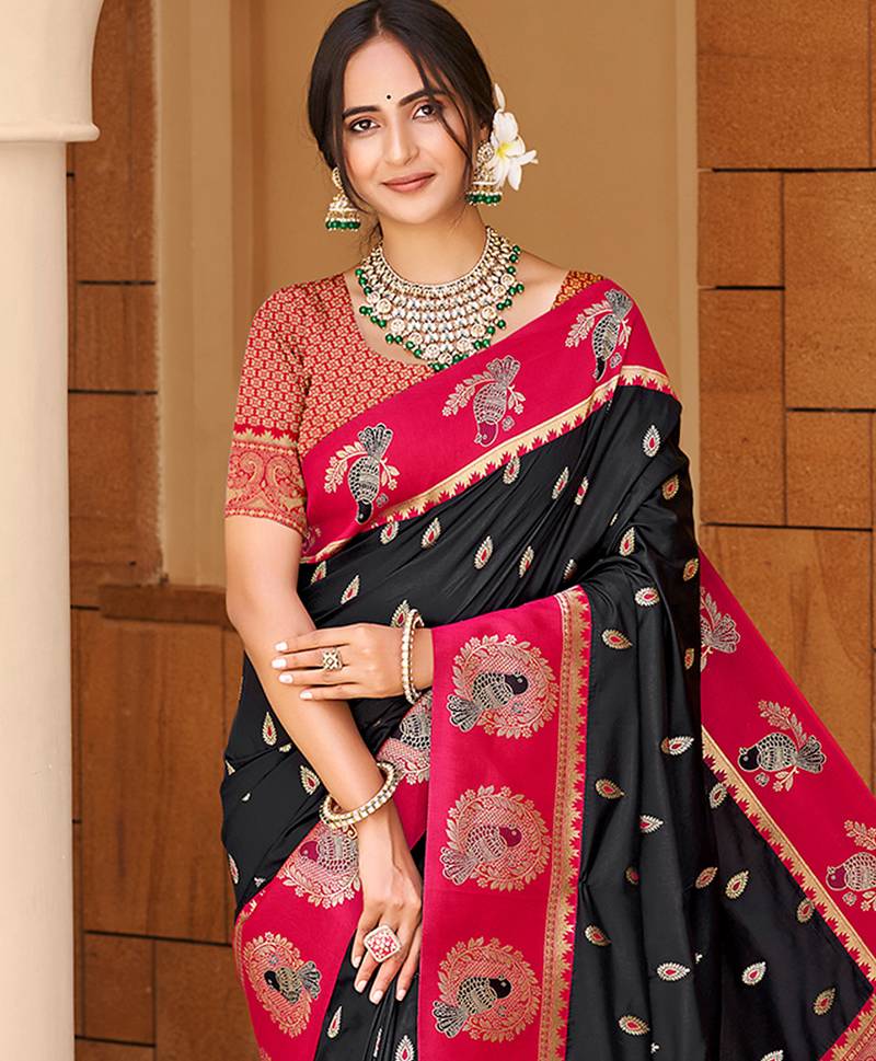 black silk blend woven work traditional saree