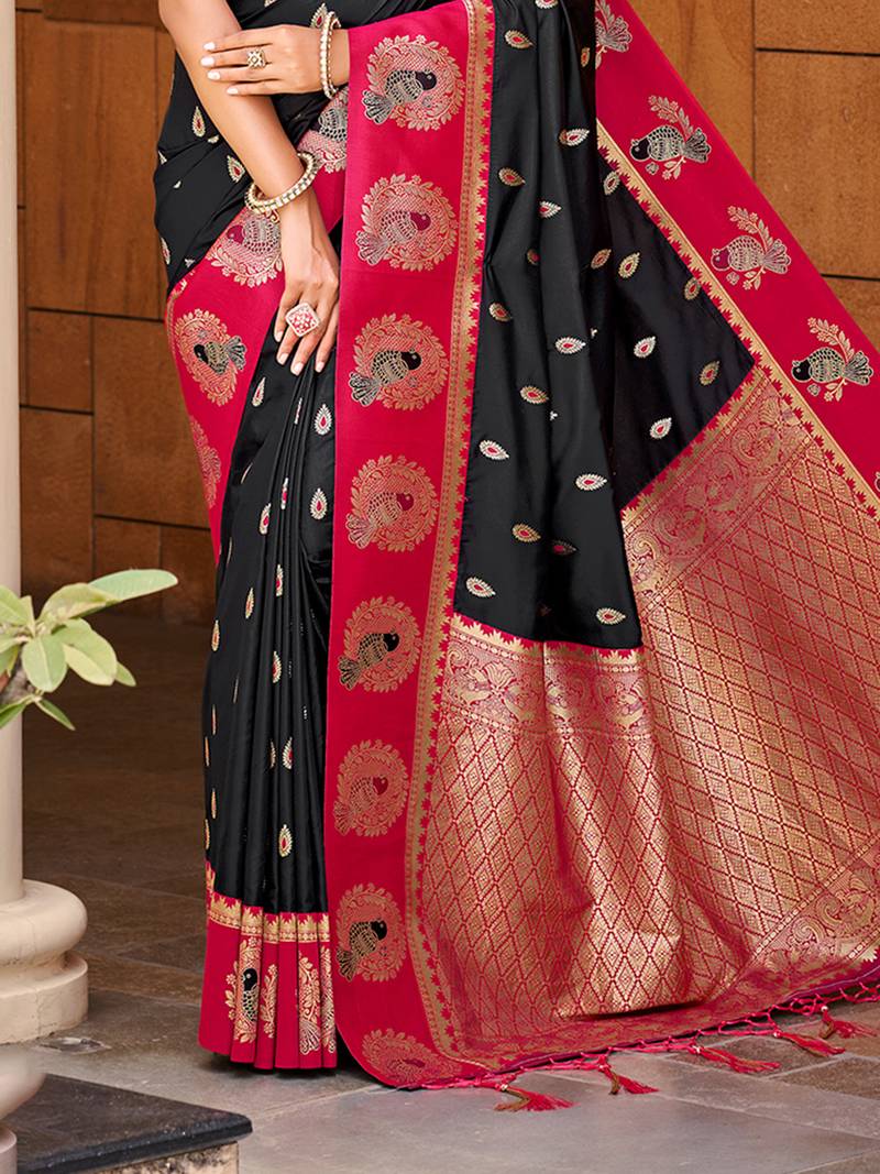 black silk blend woven work traditional saree