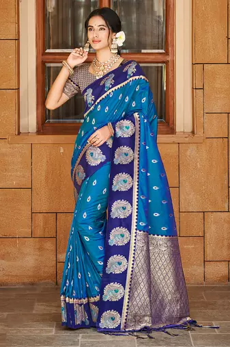 blue silk blend woven work traditional saree