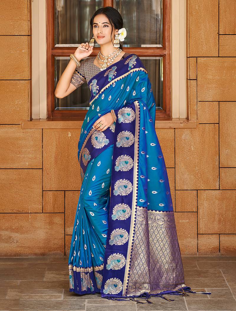 blue silk blend woven work traditional saree
