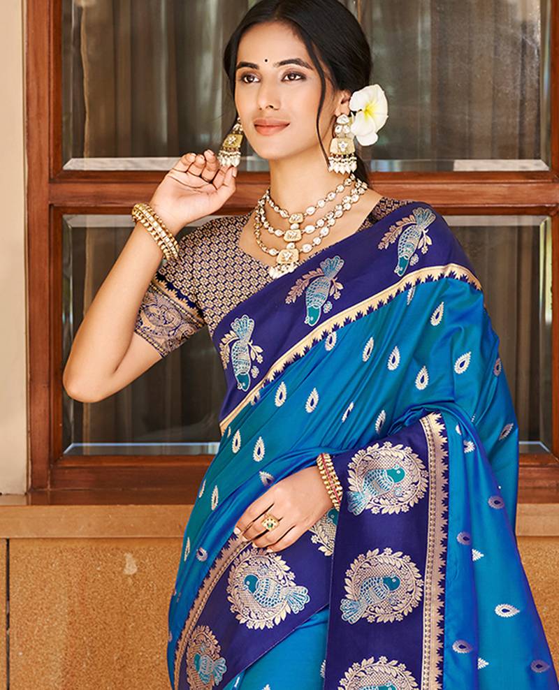 blue silk blend woven work traditional saree