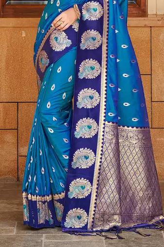 blue silk blend woven work traditional saree
