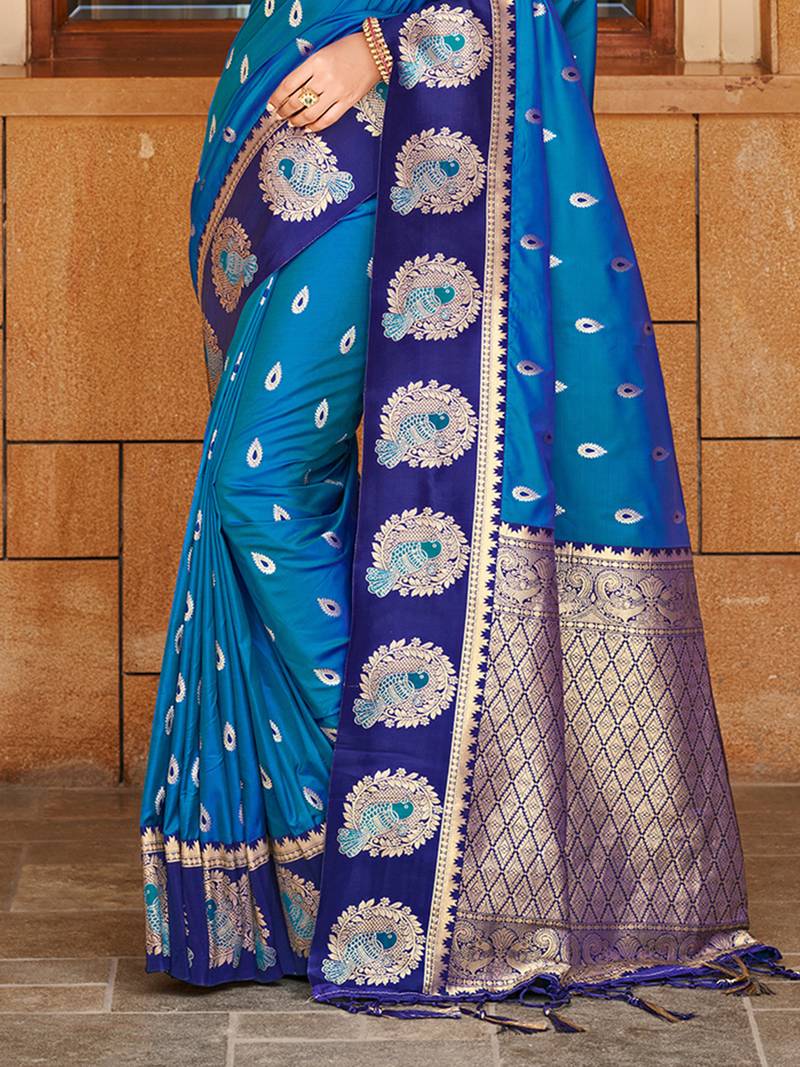 blue silk blend woven work traditional saree
