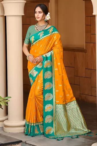 yellow silk blend woven work traditional saree