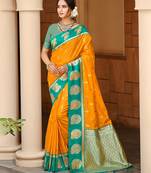 yellow silk blend woven work traditional saree