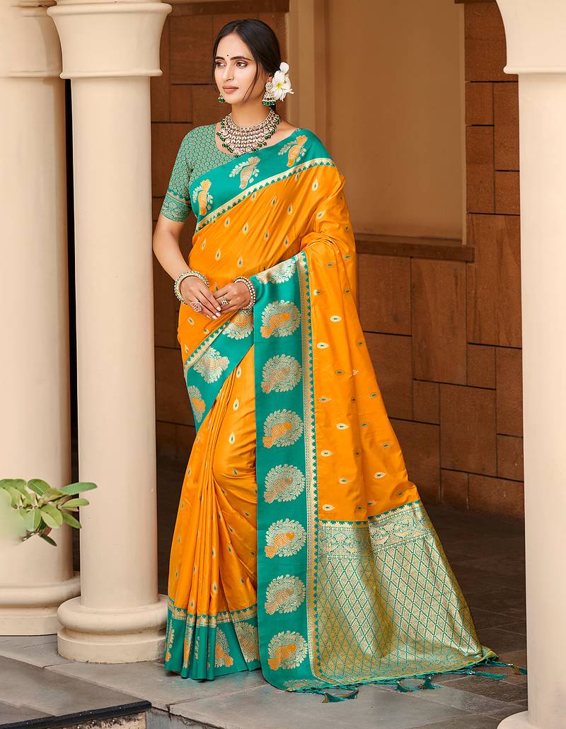 yellow silk blend woven work traditional saree