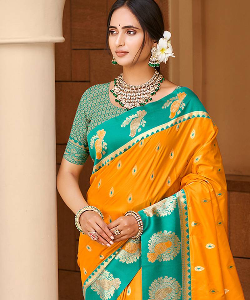 yellow silk blend woven work traditional saree